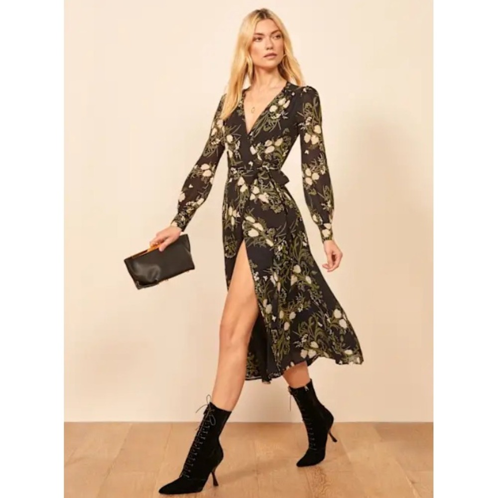 NWT Reformation Susanna Midi Dress Women's 4 Black Floral Tie Cuff Romantic‎